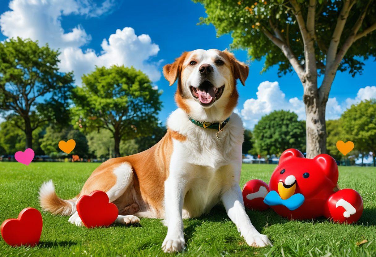 A joyful dog sitting obediently next to its happy owner in a lush green park, with colorful wellness icons like bone shapes and heart symbols floating around them. The scene is vibrant, capturing the bond between humans and their canine companions. The background includes a bright blue sky and playful clouds, evoking a sense of happiness and wellness. super-realistic. vibrant colors.
