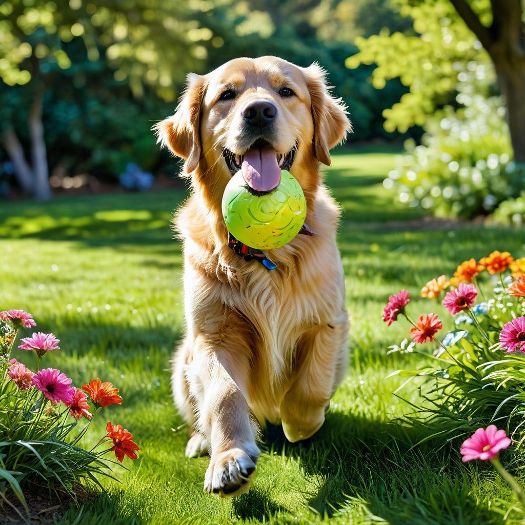 A joyful Golden Retriever with a wagging tail, surrounded by lush green grass and colorful flowers, illustrating a playful bond with its owner. Bright sunlight filters through the trees, casting warm light on their interaction, emphasizing happiness and companionship. Include playful elements like a ball and a frisbee for engagement. super-realistic. vibrant colors. outdoor setting.